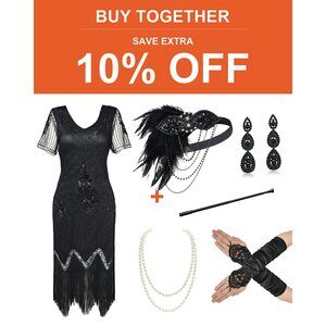 7774 1920s Art Deco Fringed Sequin Black Dress